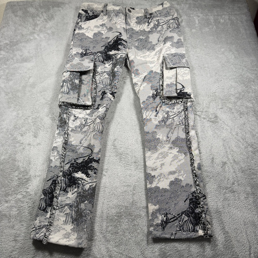 Rebel Vengeance Cargo Pants Mens 32 Grey Apocalypse Horseman Tapestry Skeleton